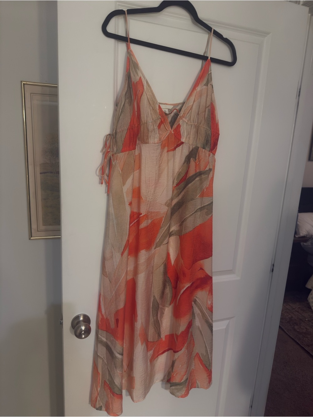 H&M Coral and Beige Floral-Print Spaghetti-Strap Maxi Dress